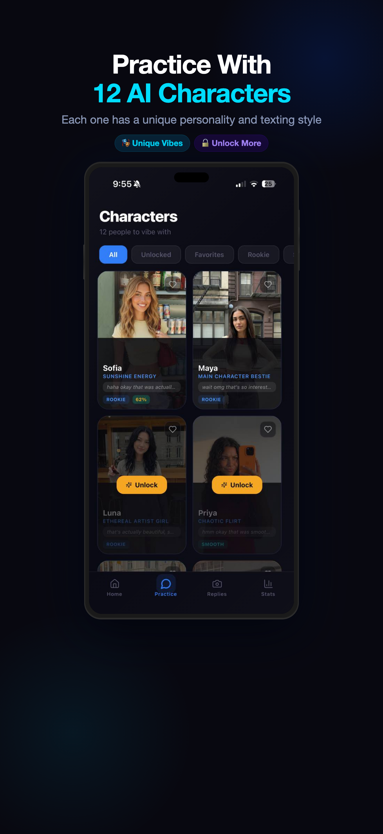 RizzIQ Practice screen
